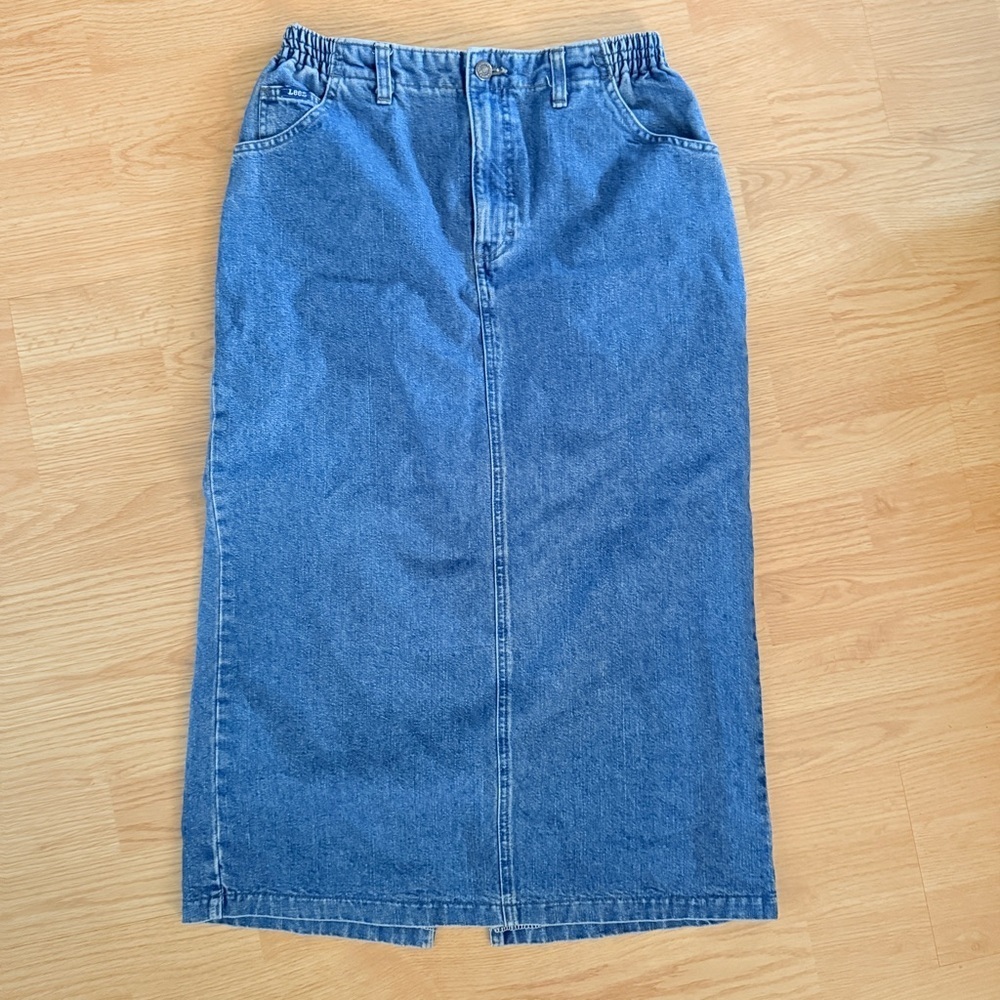 Vintage Lee Denim Midi Skirt High Rise 90s Y2K Straight Fit Blue Jean Skirt